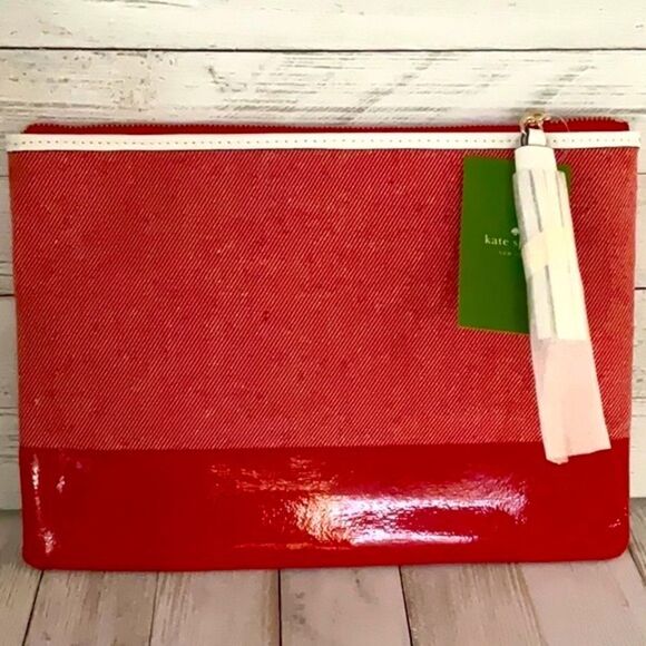 KATE SPADE NWT LARGE TASSEL POUCH BAG ASH ST LOGO HOT CHILI - Picture 5 of 5